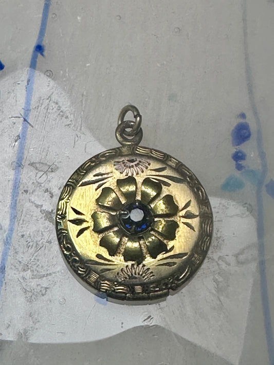 Round Locket Art Deco gold filled beautiful blue crystal floral elements women