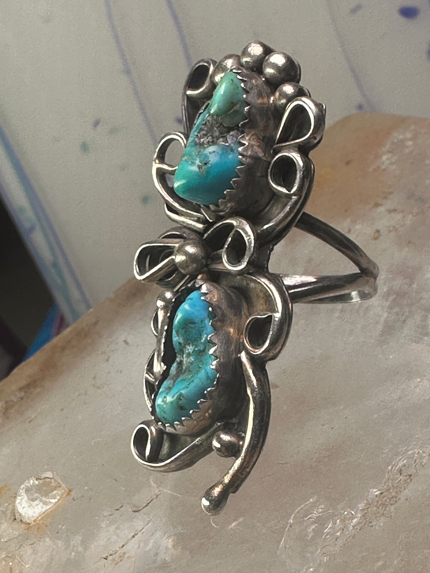 Long turquoise ring Navajo size 5 sterling silver women