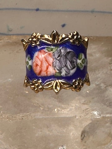 Guilloche ring rose flowers blue pinky band size 4.75 sterling silver women