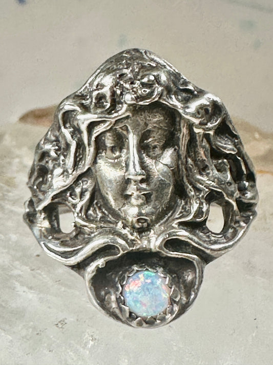 Lady face ring Art deco Nouveau style lab opal size 4.5 sterling silver women