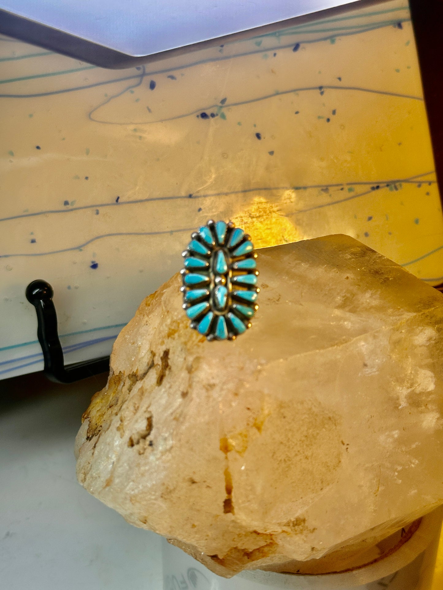 Long Zuni ring petite point vintage turquoise sterling silver size 5.75 wome