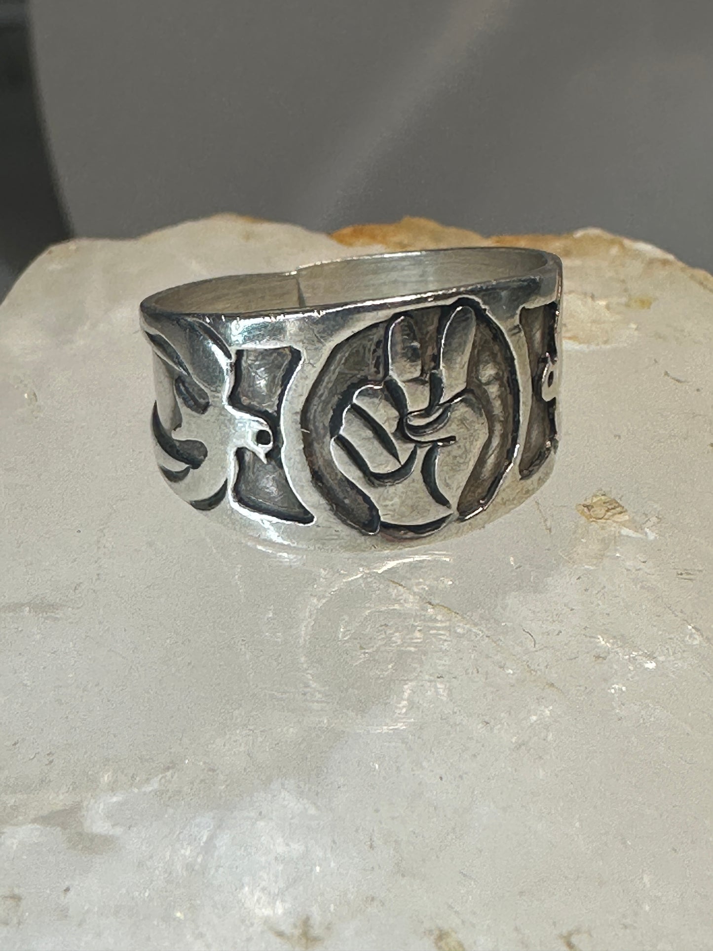 Peace ring Mexico fingers band size 8.25  Love  bird  dove band sterling silver women men