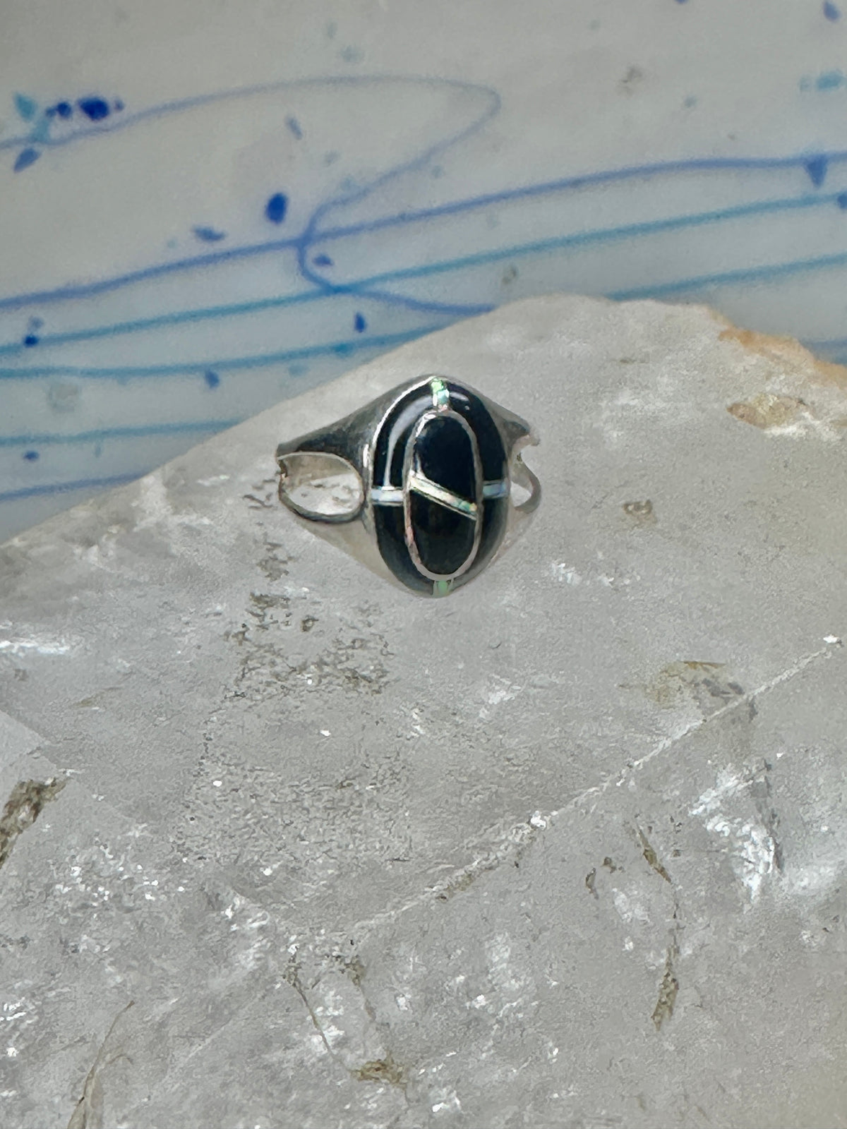 Vintage Sterling Silver Black Onyx Opal Inlay Oval Ring Size 7.75 4.7g 925