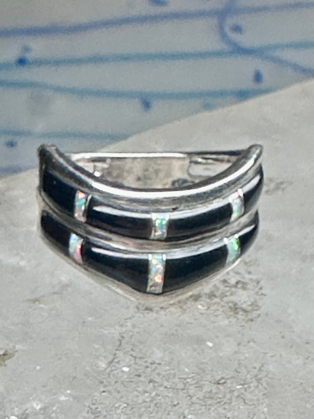 Vintage Sunbell Sterling Silver Black Onyx & Opal Inlay Band Ring Size 7.75 4.7g