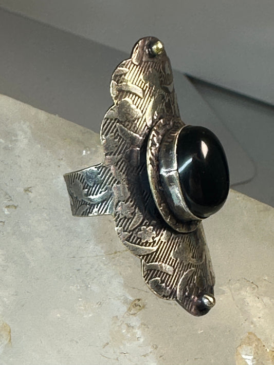 Onyx ring long stamped boho band size 8.75 sterling silver women