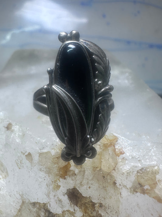 Navajo ring onyx Nakai feather leaves size 5 sterling silver women girls