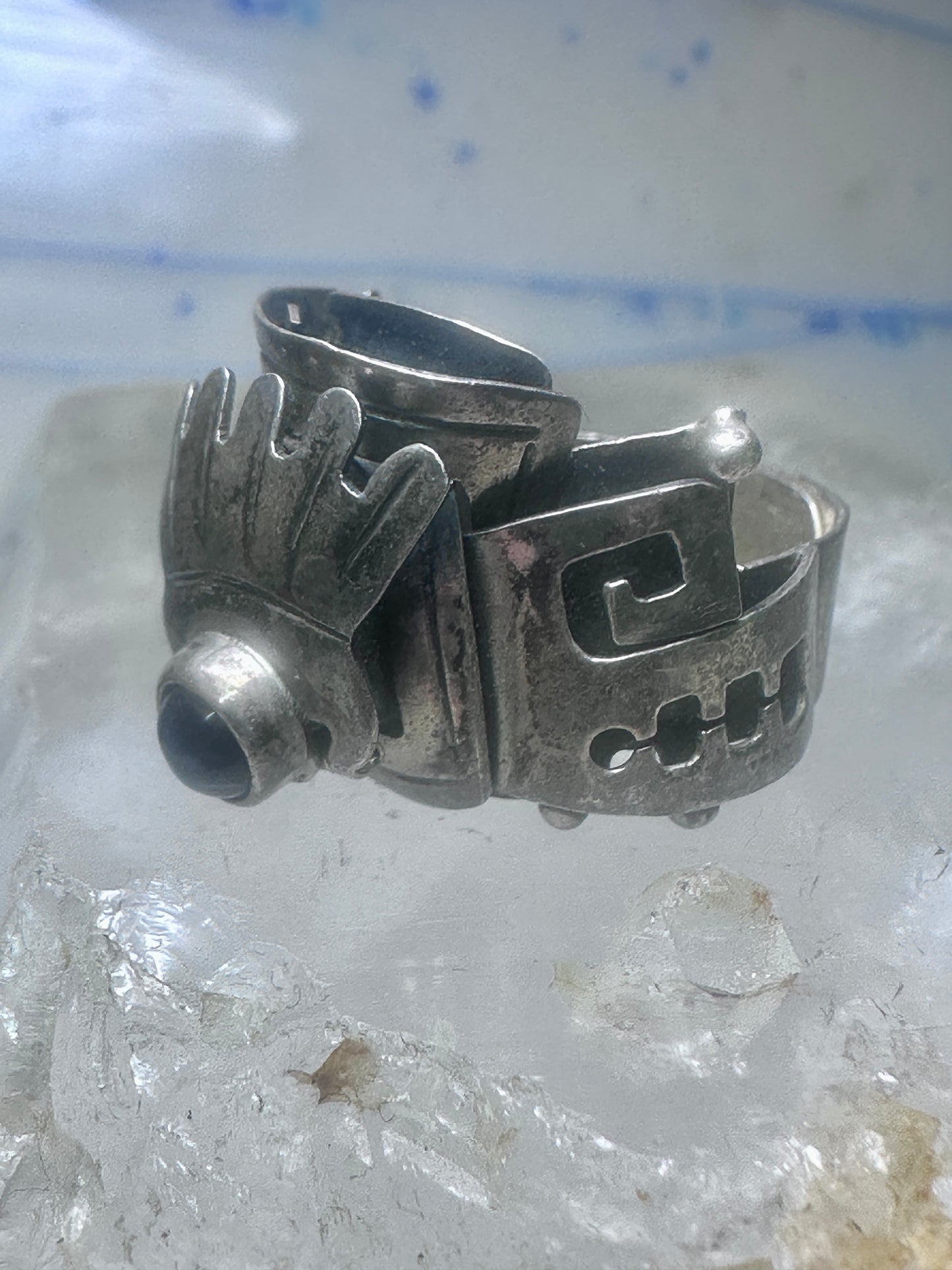 Poison ring onyx Aztec Mayan design size 8.5 sterling silver women girls