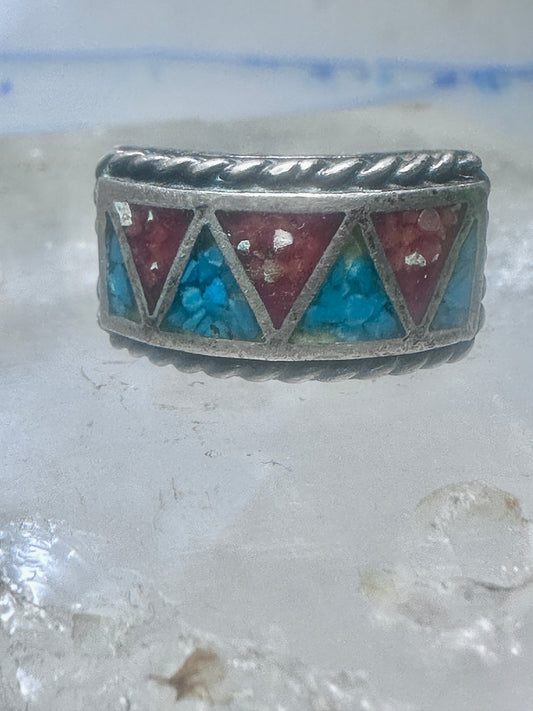 Zuni ring wedding band sterling silver Turquoise Coral chips size 9 men women