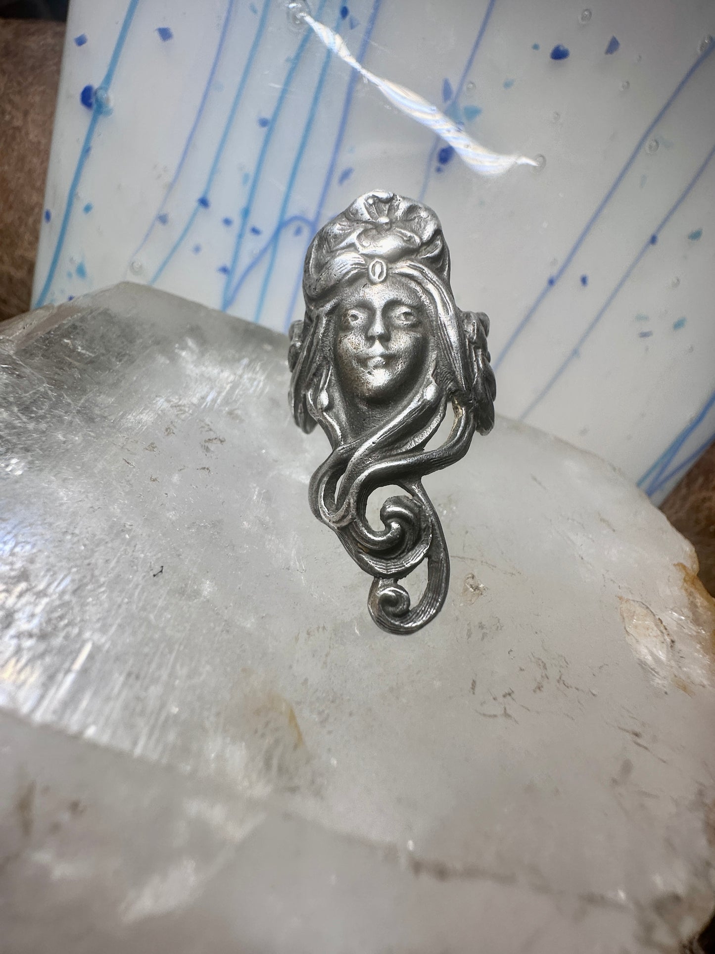 Long Face ring hair figurative Art Deco size 6.5 sterling silver women