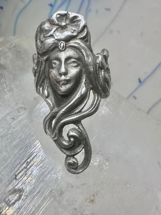Long Face ring hair figurative Art Deco size 6.5 sterling silver women