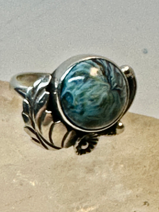 Navajo ring mystery blue stone size 6 sterling silver leaves or feathers women girls