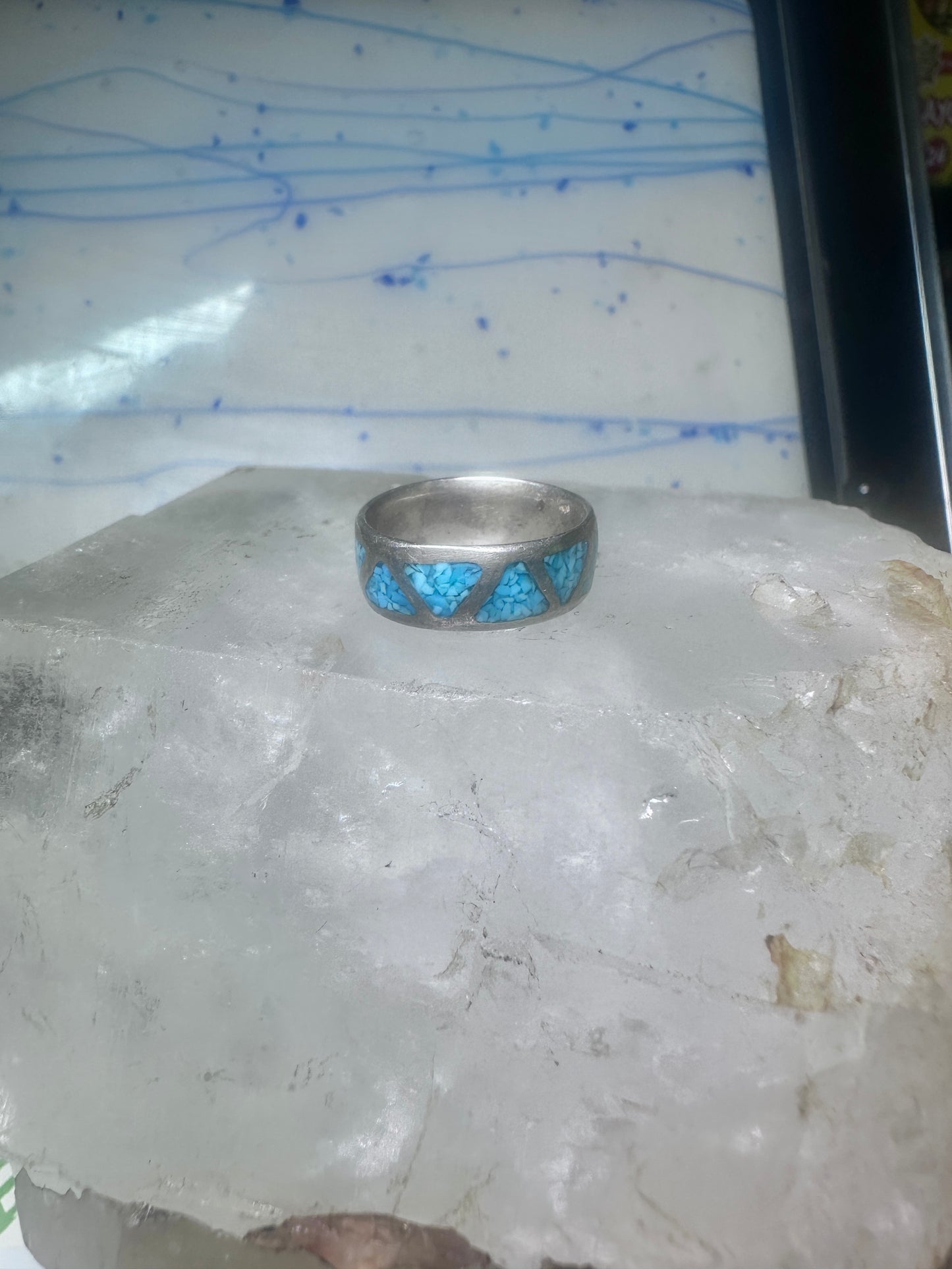 Zuni ring wedding band sterling silver turquoise chips size 6.75 men women
