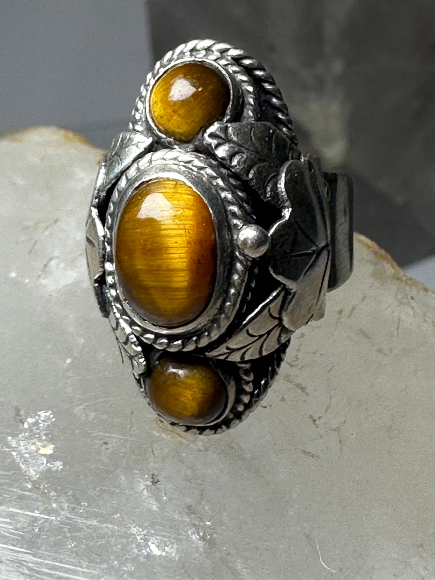 Poison ring Tiger Eye size 6.50 adj Mexico Taxco sterling silver women