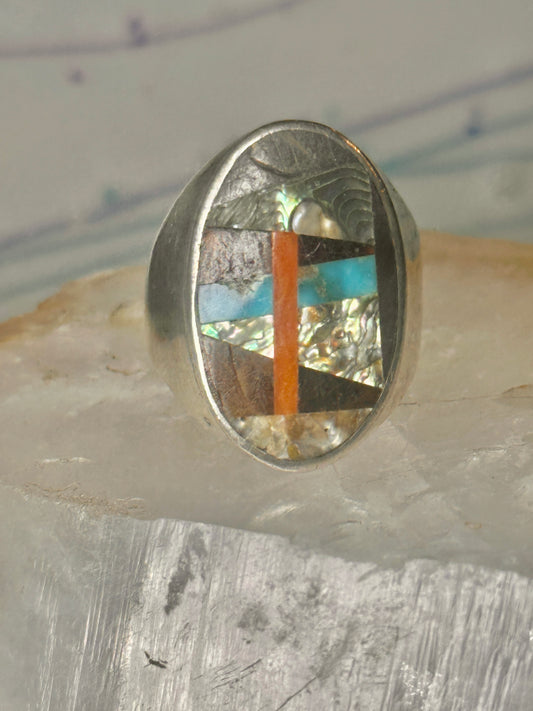 Navajo Abalone Ring Coral Turquoise size 11 sterling silver women men