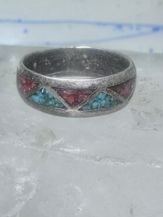 Zuni ring wedding band sterling silver turquoise coral chips size 9.5 men women