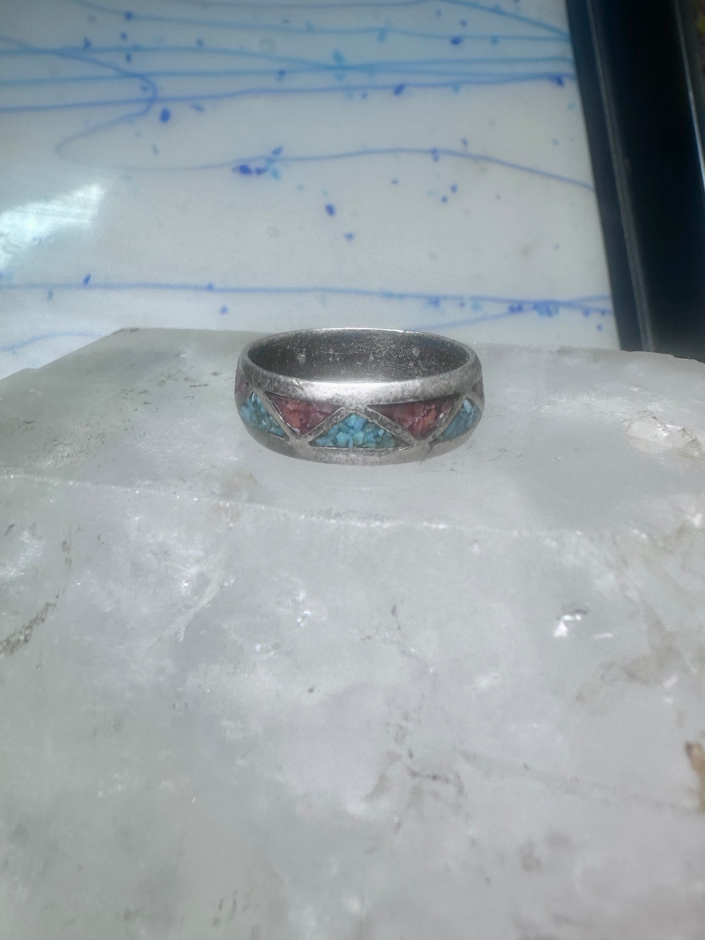 Zuni ring wedding band sterling silver turquoise coral chips size 9.5 men women