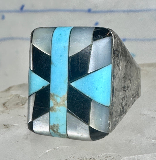 Vintage Zuni Heavy Mosaic Inlay Turquoise & Onyx Sterling Silver Ring - Size 9-9.25 925