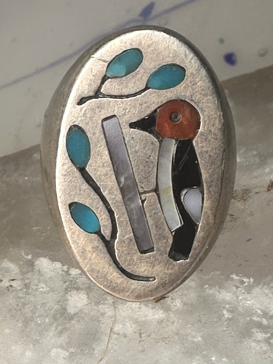 Woodpecker ring Native American turquoise leaves coral onyx size 11.50 sterling silver women men 