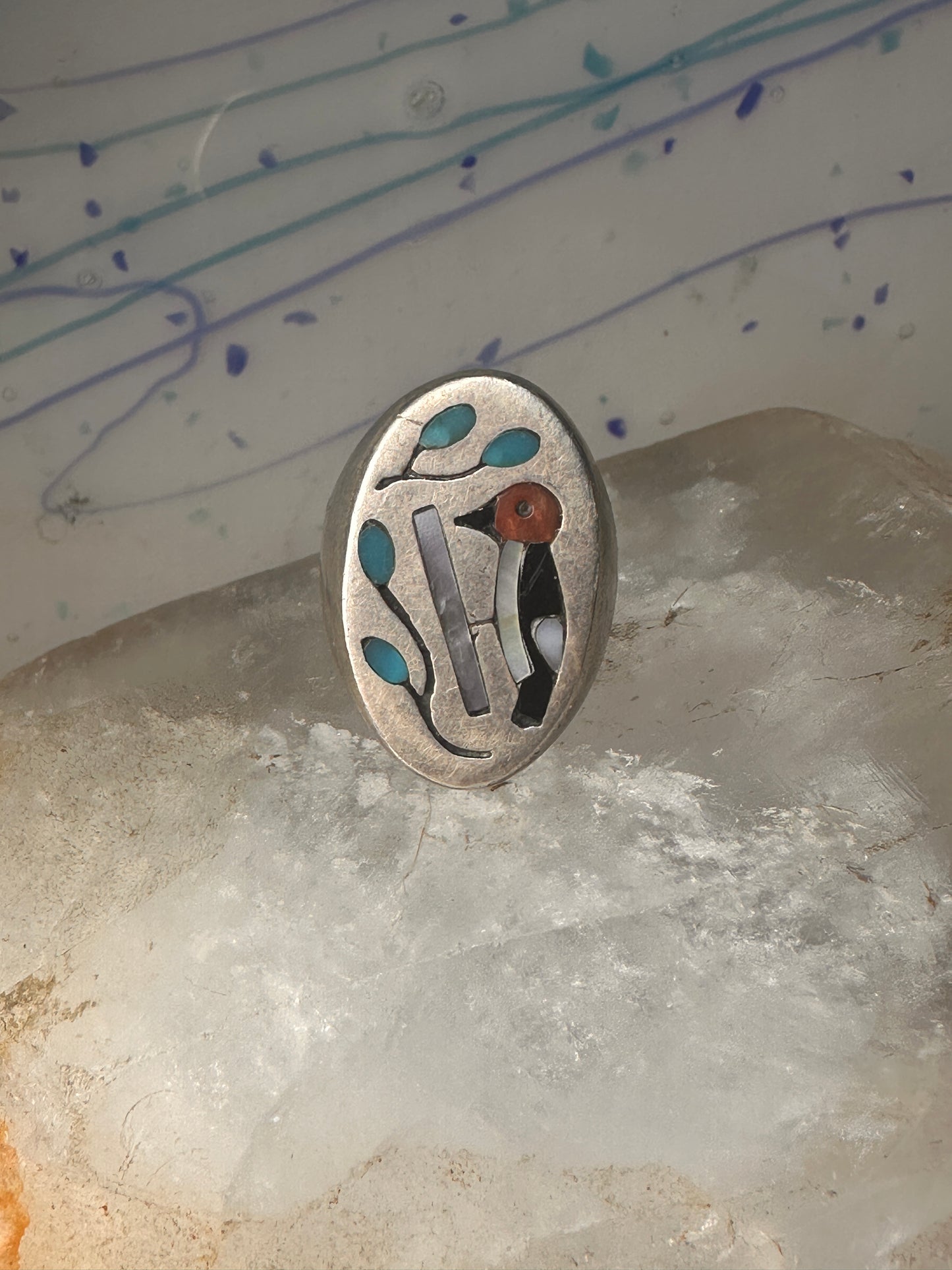 Woodpecker ring Native American turquoise leaves coral onyx size 11.50 sterling silver women men 