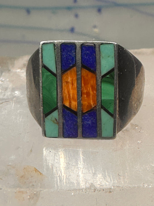 Navajo Ring turquoise spiny oyster lapis malachite inlay size 9 sterling silver women men