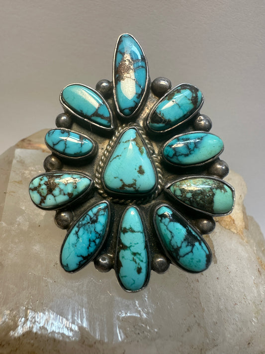Fred Guerro ring Navajo turquoise huge flower size 7 sterling silver women