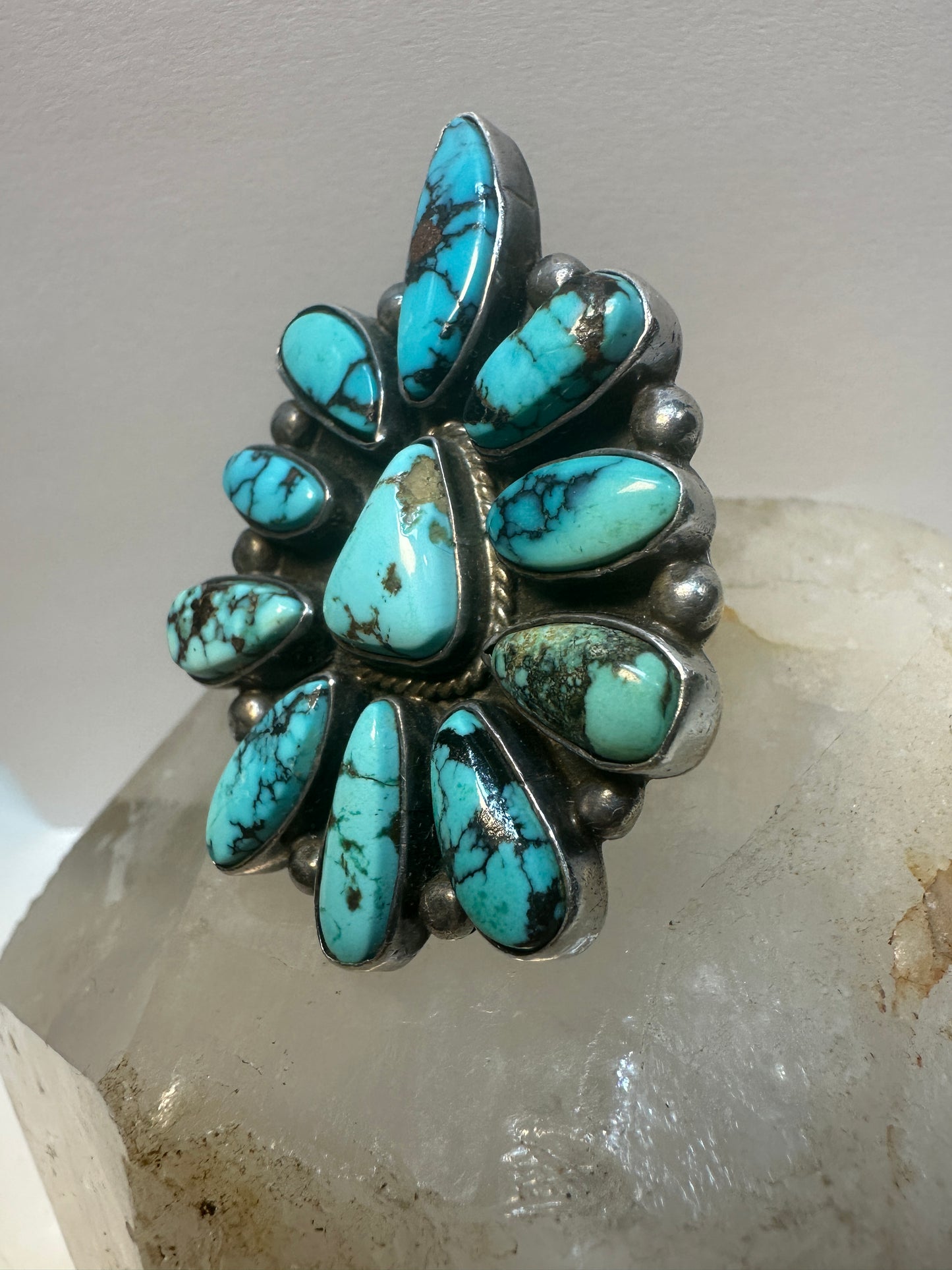 Fred Guerro ring Navajo turquoise huge flower size 7 sterling silver women
