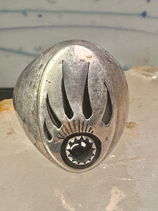 Navajo ring bear footprint size 11.25 onyx sterling silver women men signed R