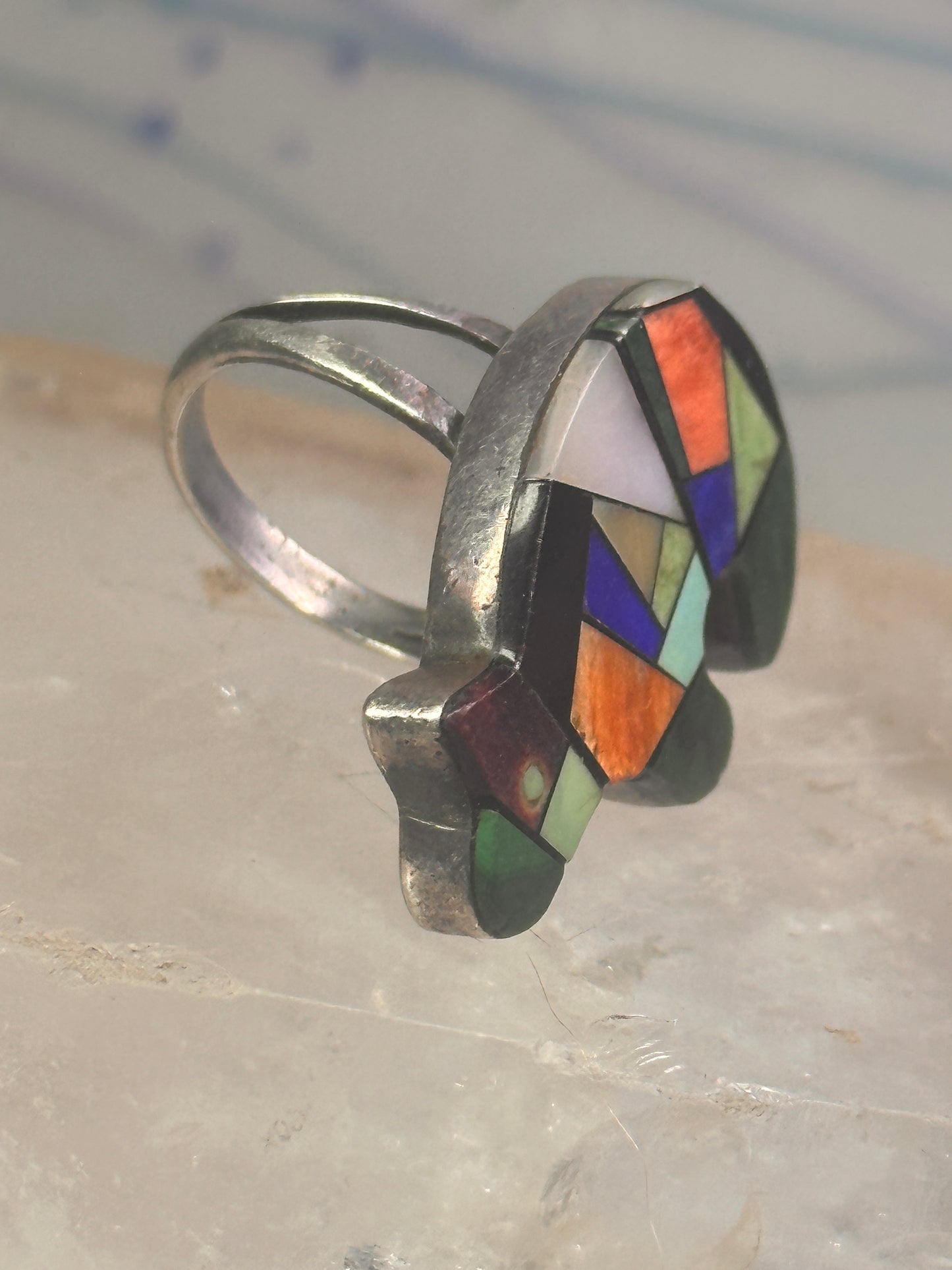 Bear ring size 6.50 turquoise abalone malachite spiny oyster sterling silver women