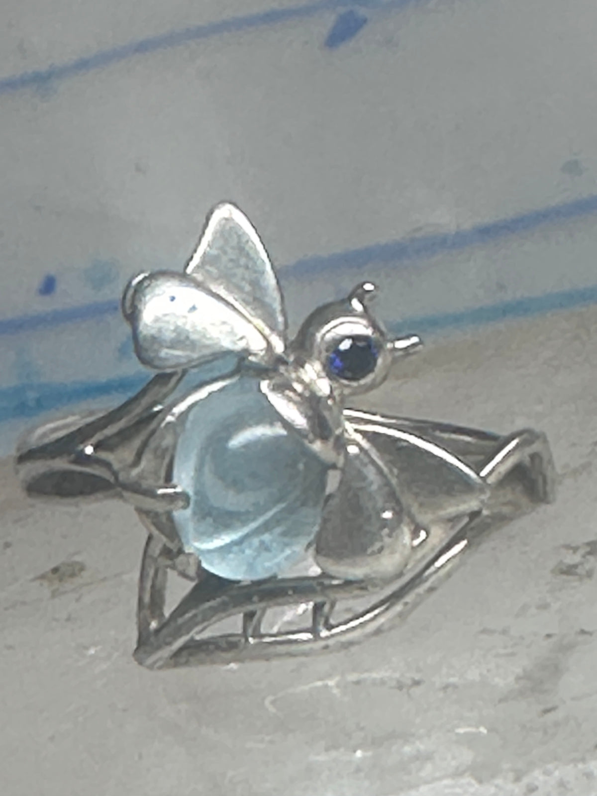 Vintage Sterling Silver Bumblebee Cocktail Ring Light Blue Cabochon Dark Blue Accent Size 8.75 925