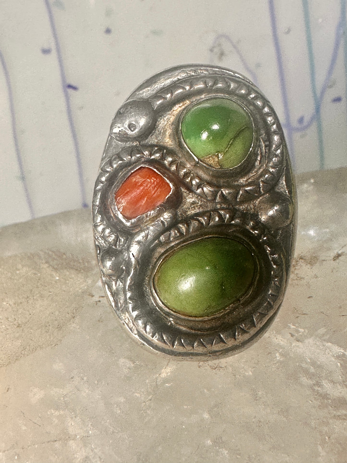 Navajo Snake ring turquoise coral band size 11.50 sterling silver women men