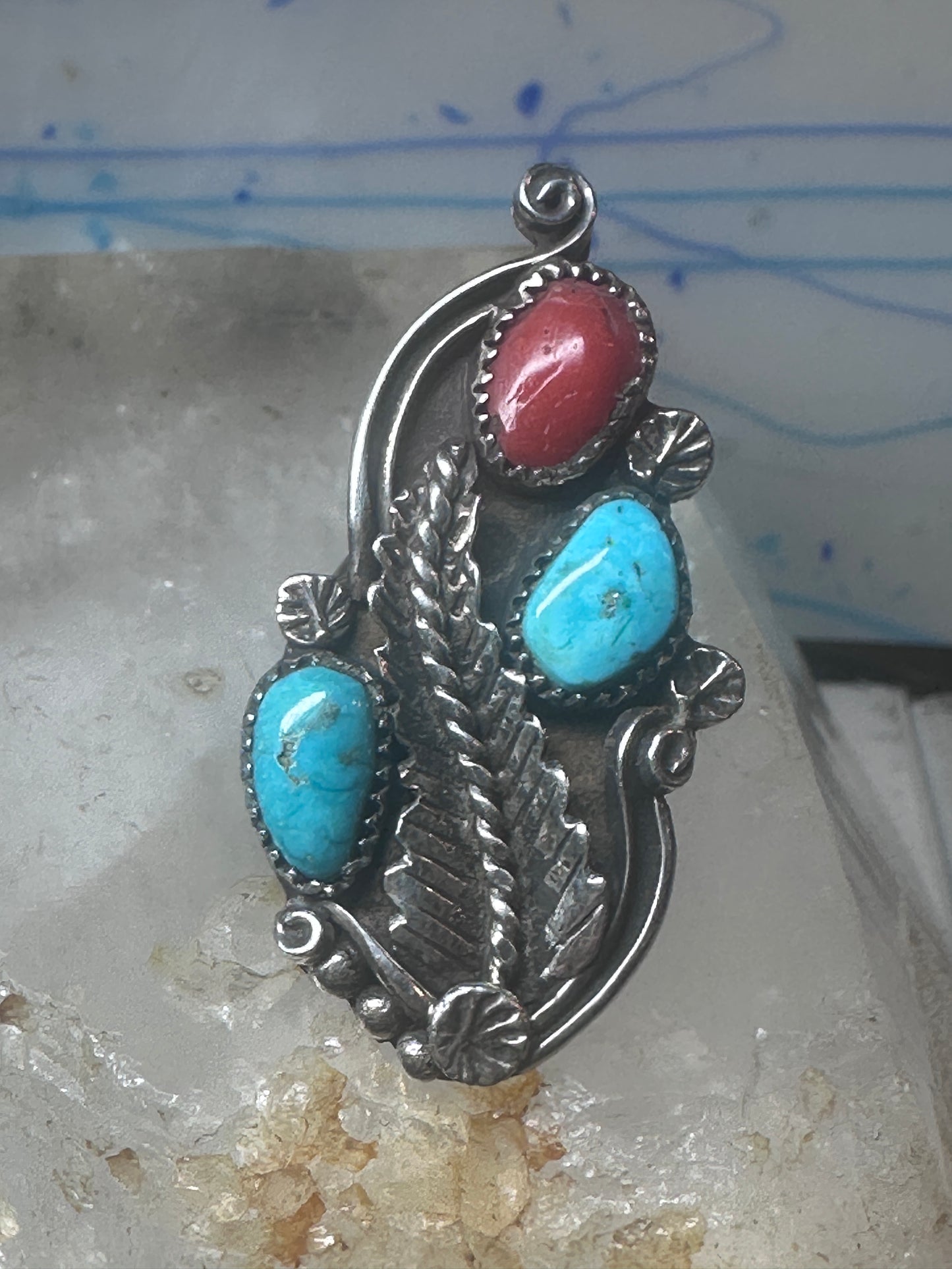 Long Navajo Ring Turquoise Coral leaves flower sterling silver size 6 women