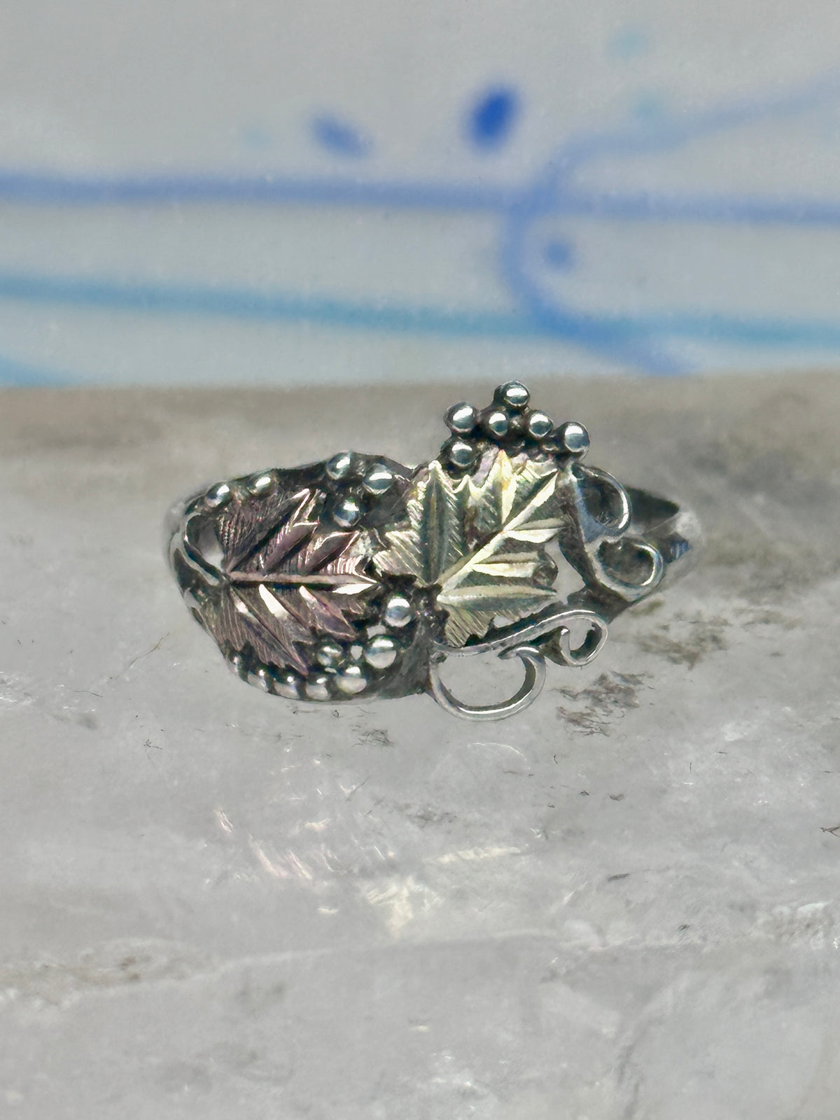 Vintage Sterling Silver 12K Gold Black Hills Gold Style Grape Leaf Ring Size 2.75 - 3 925