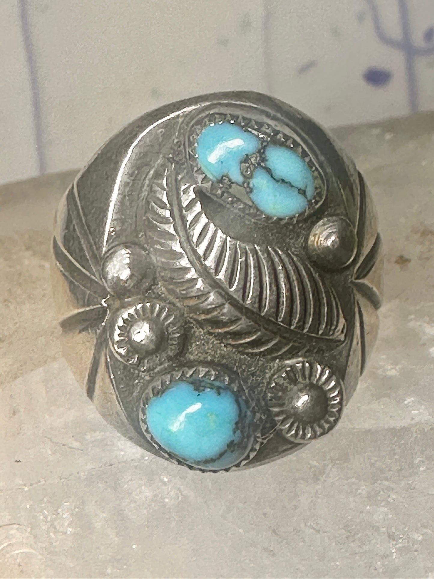 Navajo ring Turquoise feather leaf sign J Silversmith size 11 sterling silver women men