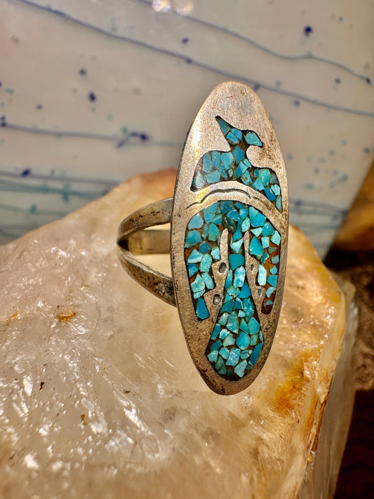 Long Phoenix ring southwest turquoise chips size 8 sterling silver women