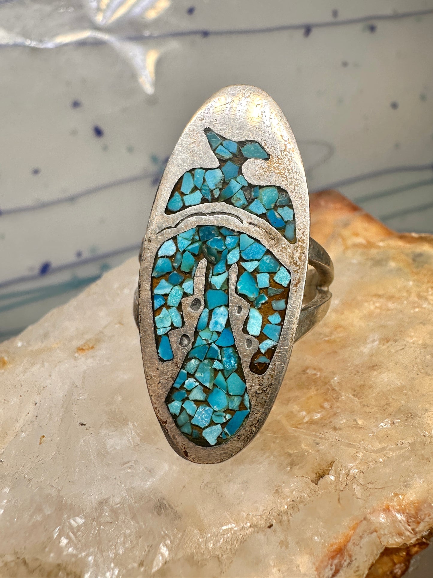 Long Phoenix ring southwest turquoise chips size 8 sterling silver women