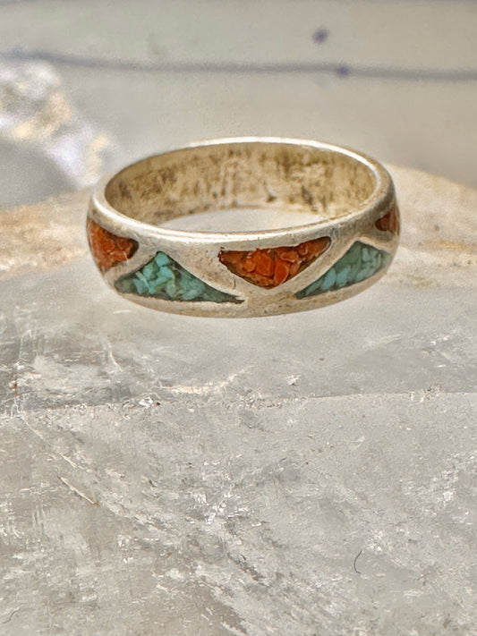 Turquoise chips ring Zuni coral wedding band size 6 sterling silver women