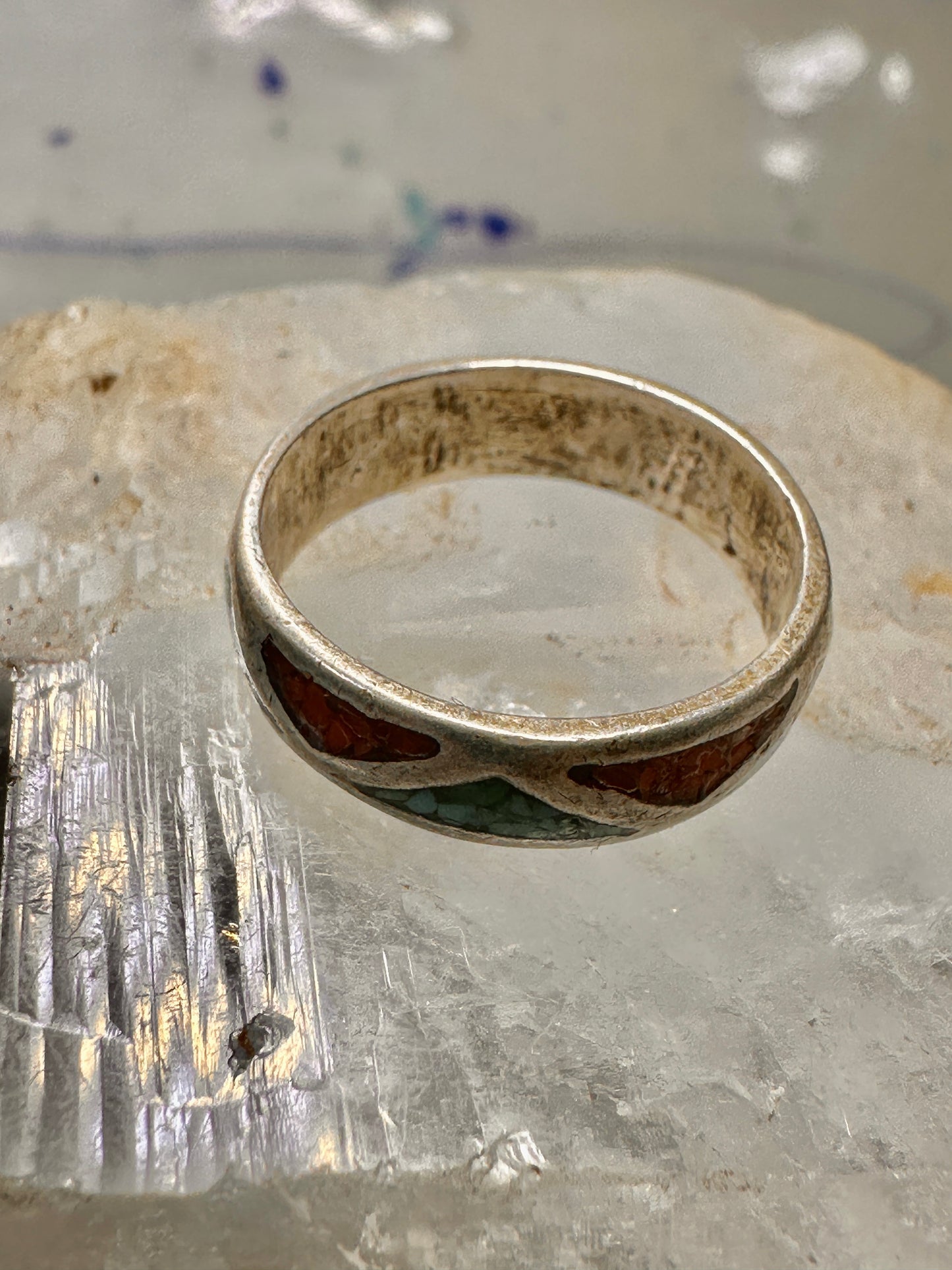 Turquoise chips ring Zuni coral wedding band size 6 sterling silver women