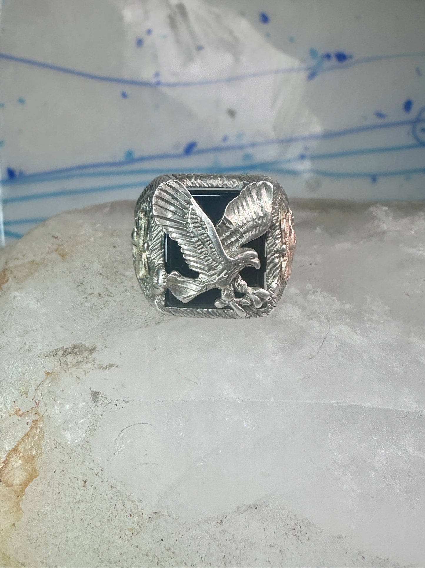 Eagle Ring Black Hills Gold onyx band size 8.75 sterling silver women men