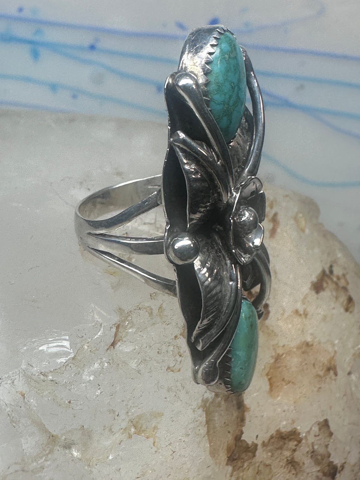 Vintage Margaret Lee Signed ML Sterling Silver Native American Turquoise Two Stone Elongated Ring Size 4.25 925