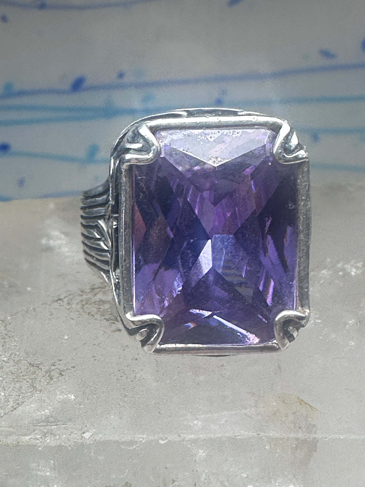 Vintage Sterling Silver Purple Amethyst Glass Cocktail Ring Size 10.75 925