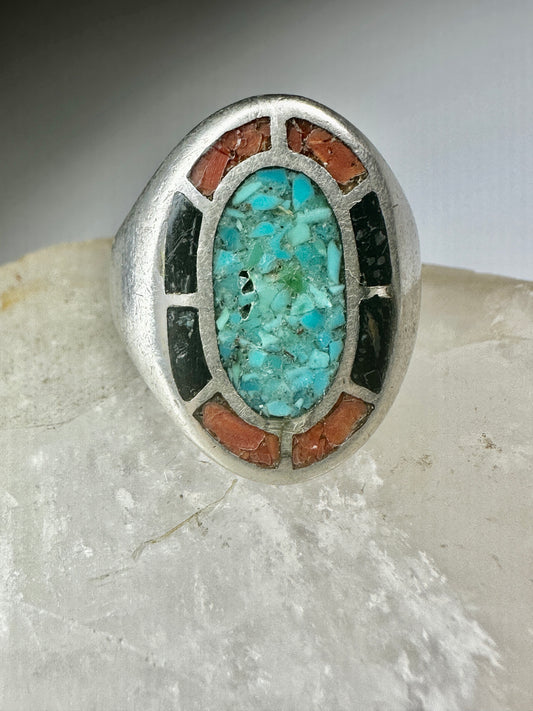 Navajo ring turquoise coral chips onyx band size 12.75 sterling silver women men