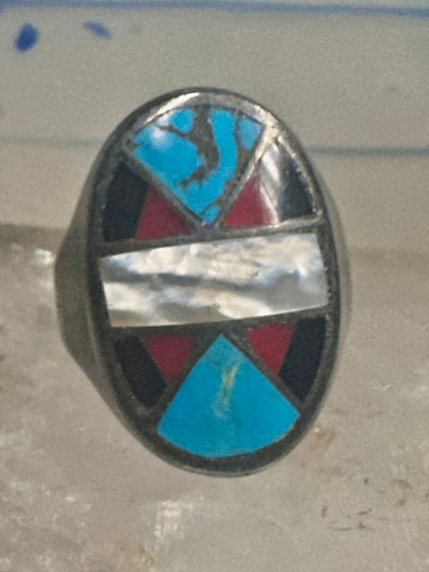 Zuni ring Turquoise Coral Onyx MOP size 12.50 sterling silver women men