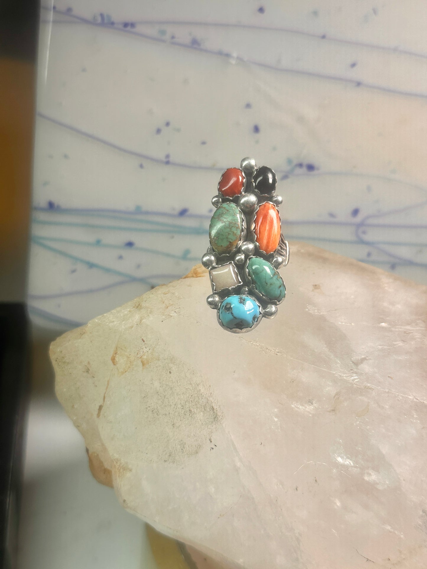 Long Multi gemstone Navajo ring southwest Size 7 sterling silver women