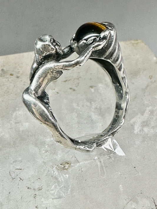 Figurative ring tiger eye cornucopia naked lady band size 7.50 sterling silver women