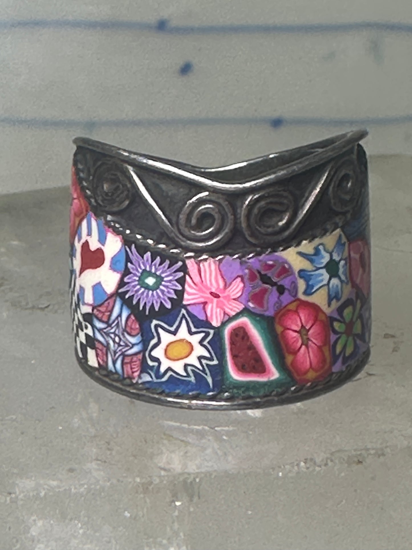 Millefiori ring cigar band floral flowers rope design glass sterling silver size 8 women girls