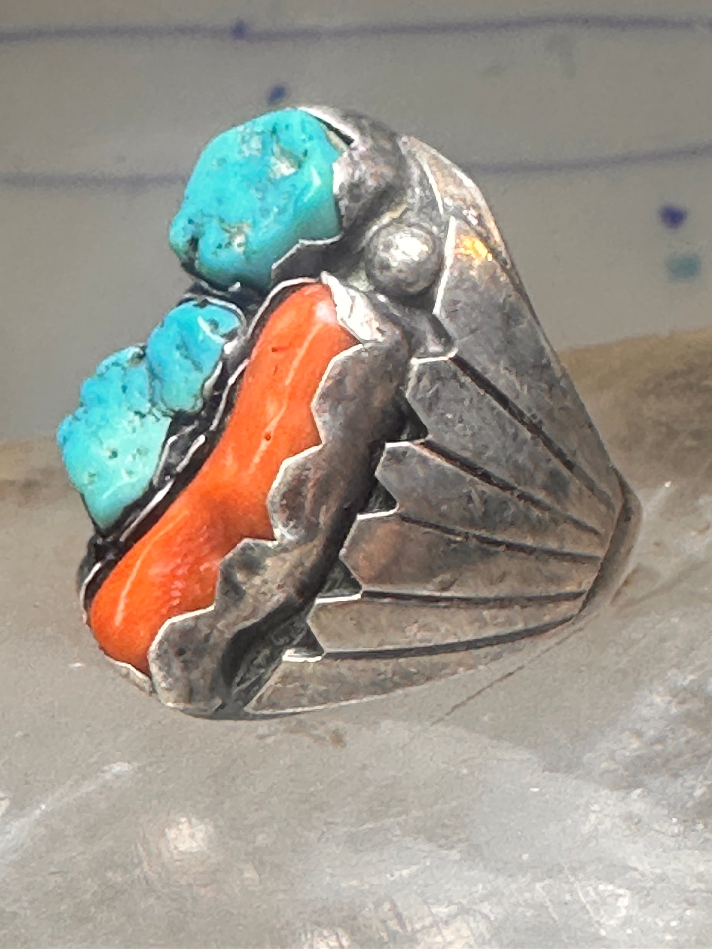 Navajo ring Turquoise Coral band Size 9 sterling silver women men 
