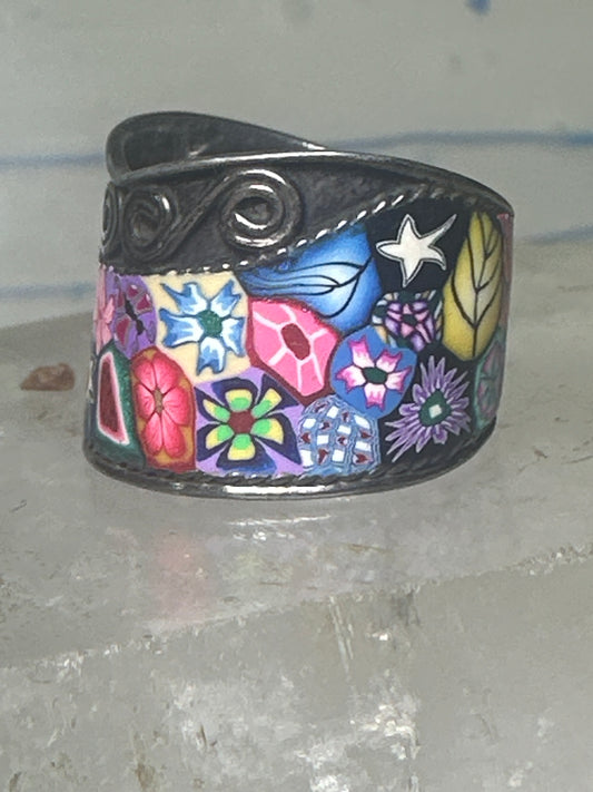 Millefiori ring cigar band floral flowers rope design glass sterling silver size 8 women girls