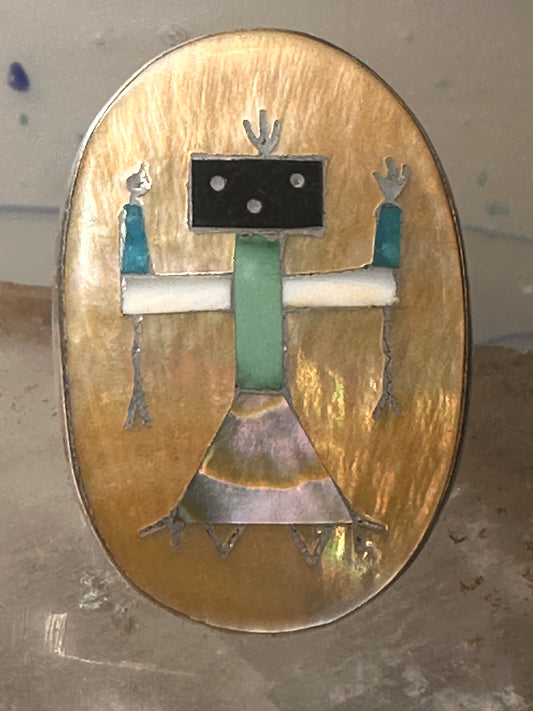 Zuni Kachina ring Abalone Onyx Turquoise size 9.75 sterling silver women