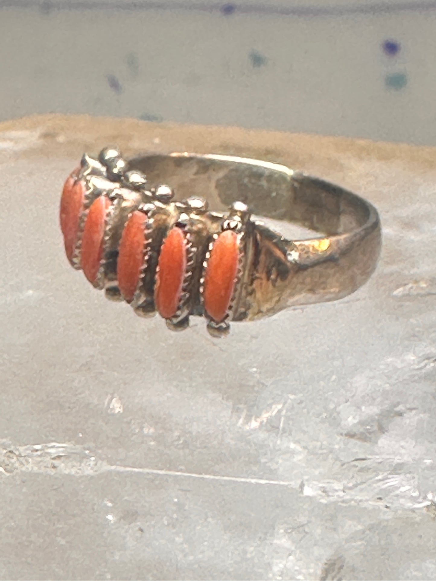 Zuni ring coral needlepoint petite point Size 7.75 sterling silver women Paloma