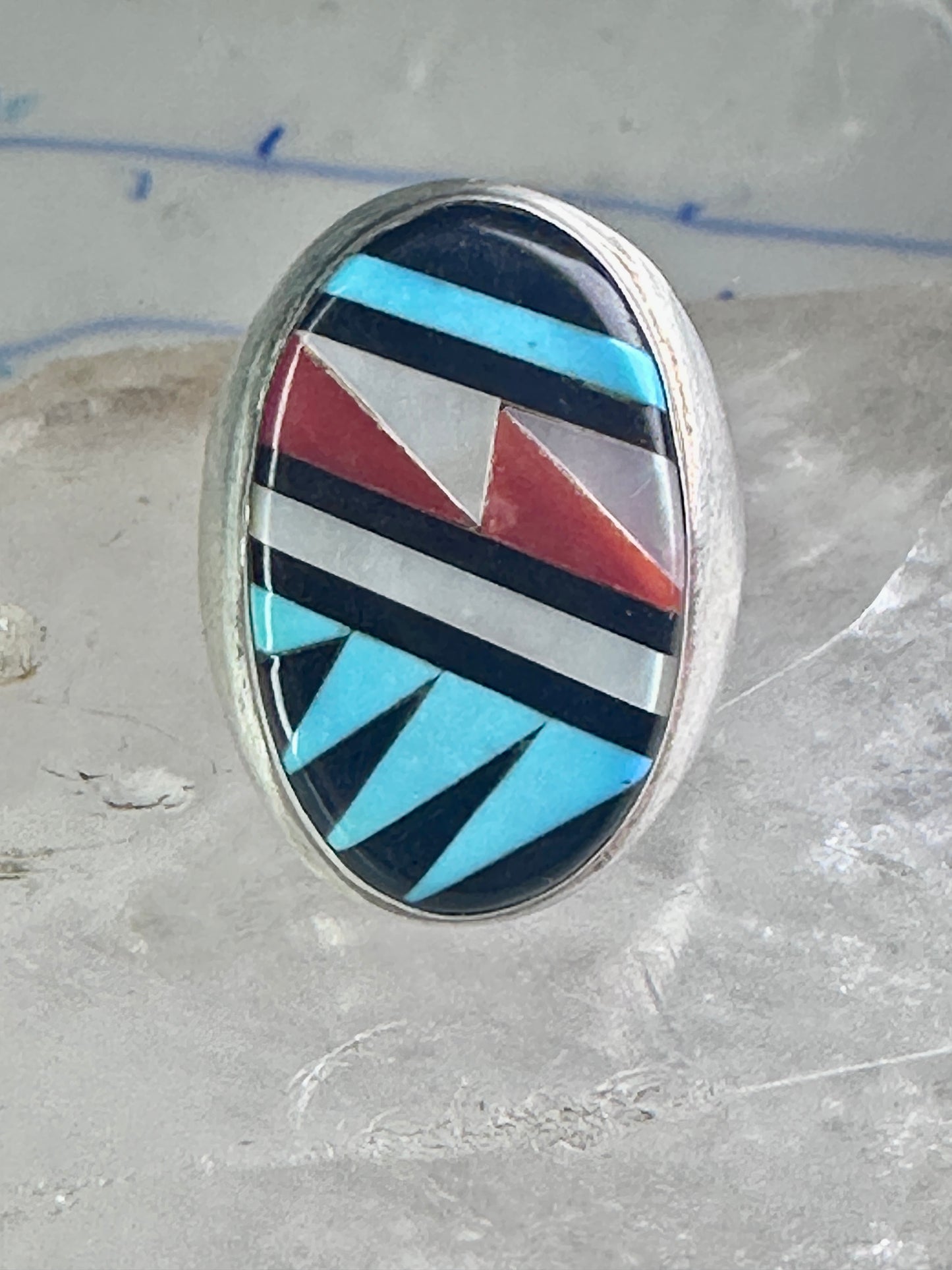 Zuni ring Turquoise coral MOP Onyx band size 8.25 sterling silver women men
